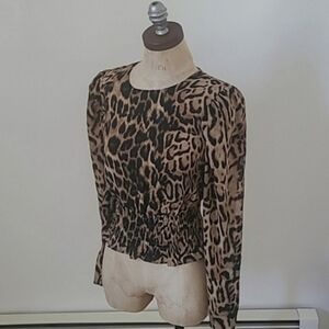 Express Leopard Puff Sleeve Smocked Waist Top XS Lightweight Blouse